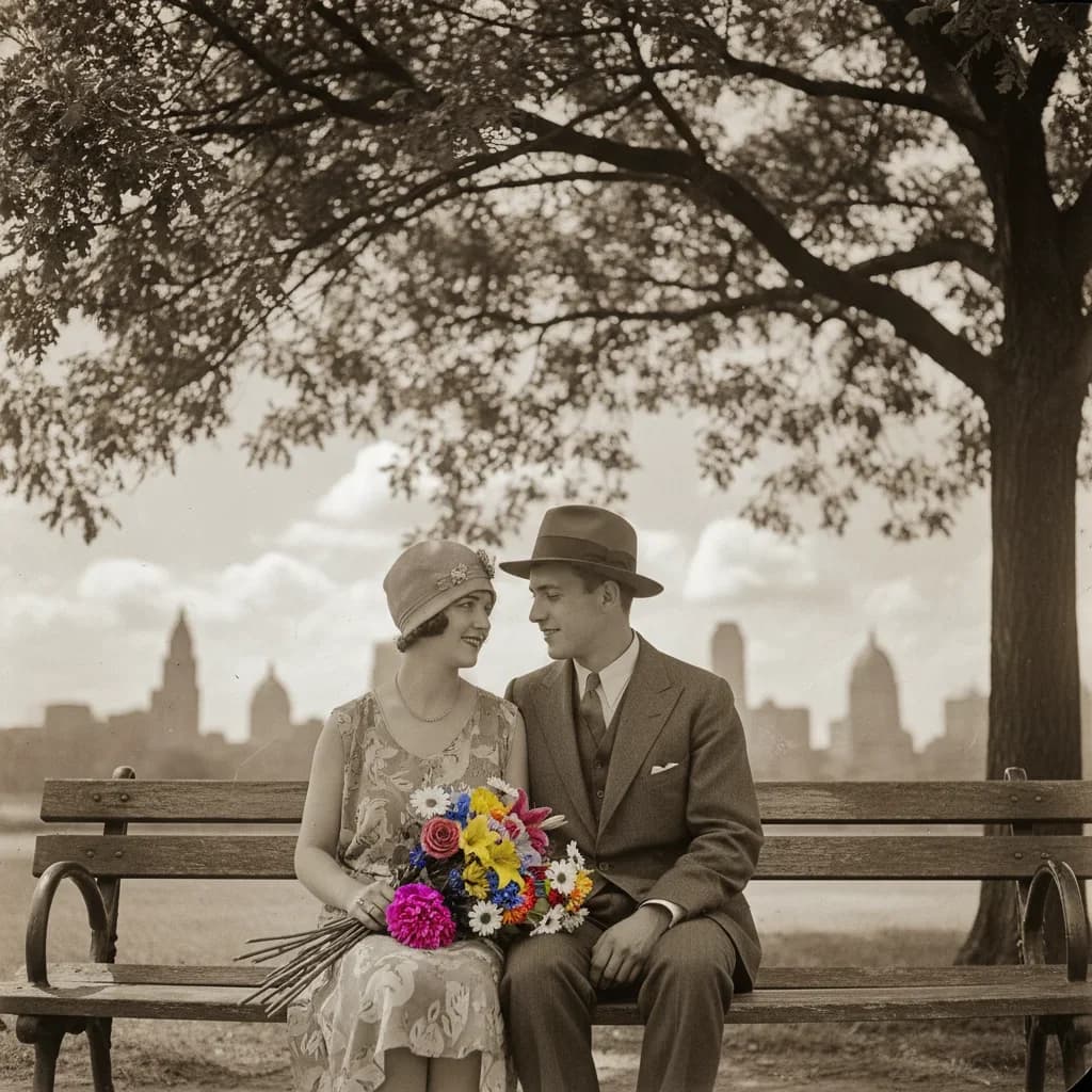 Historical street scene colorized with realistic environment colors before