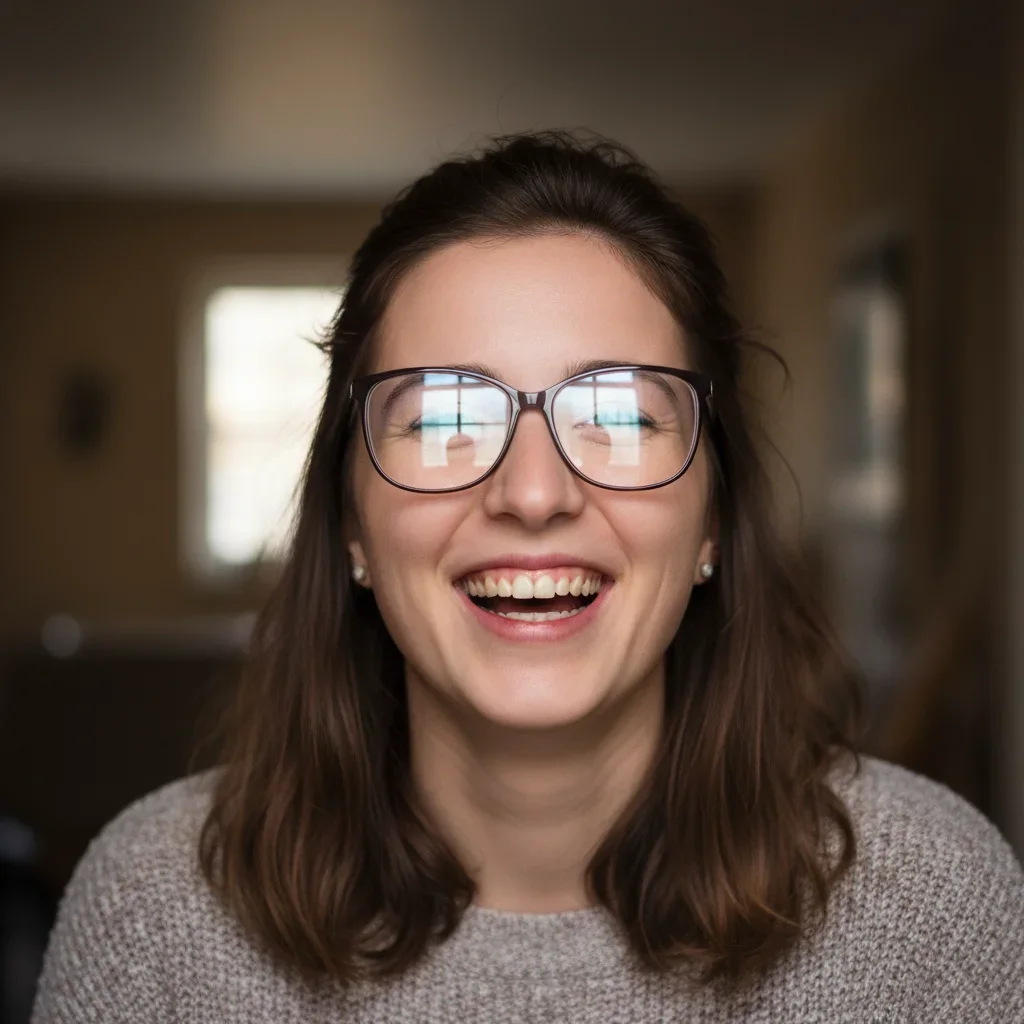 Portrait with eyeglass glare removed using AI