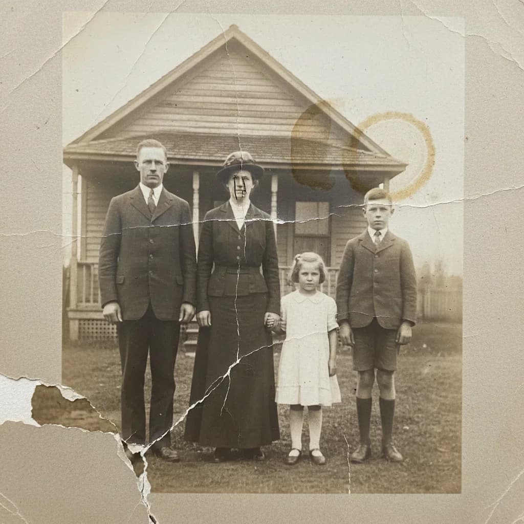 Vintage family photo restored with sharper facial details before