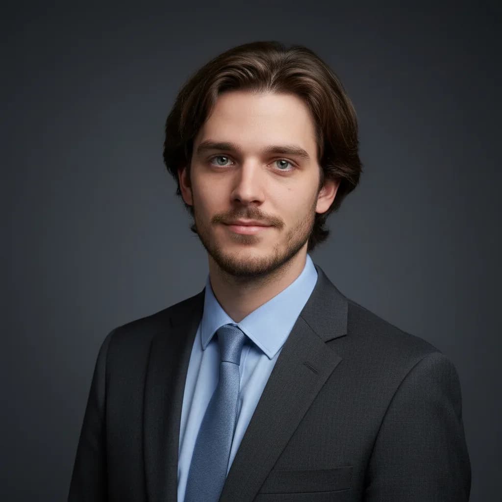 AI headshot placed on a branded gradient background after